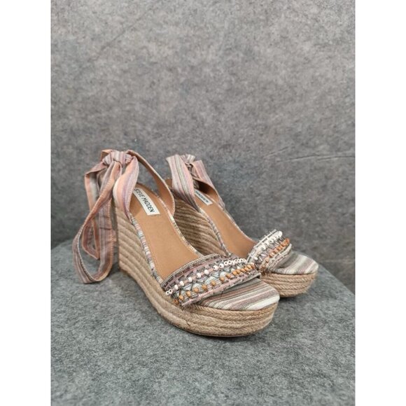 Steve Madden‎ Espadrille Wedges Size 7 Boho Ankle Tie Beaded Shoes - Picture 1 of 9